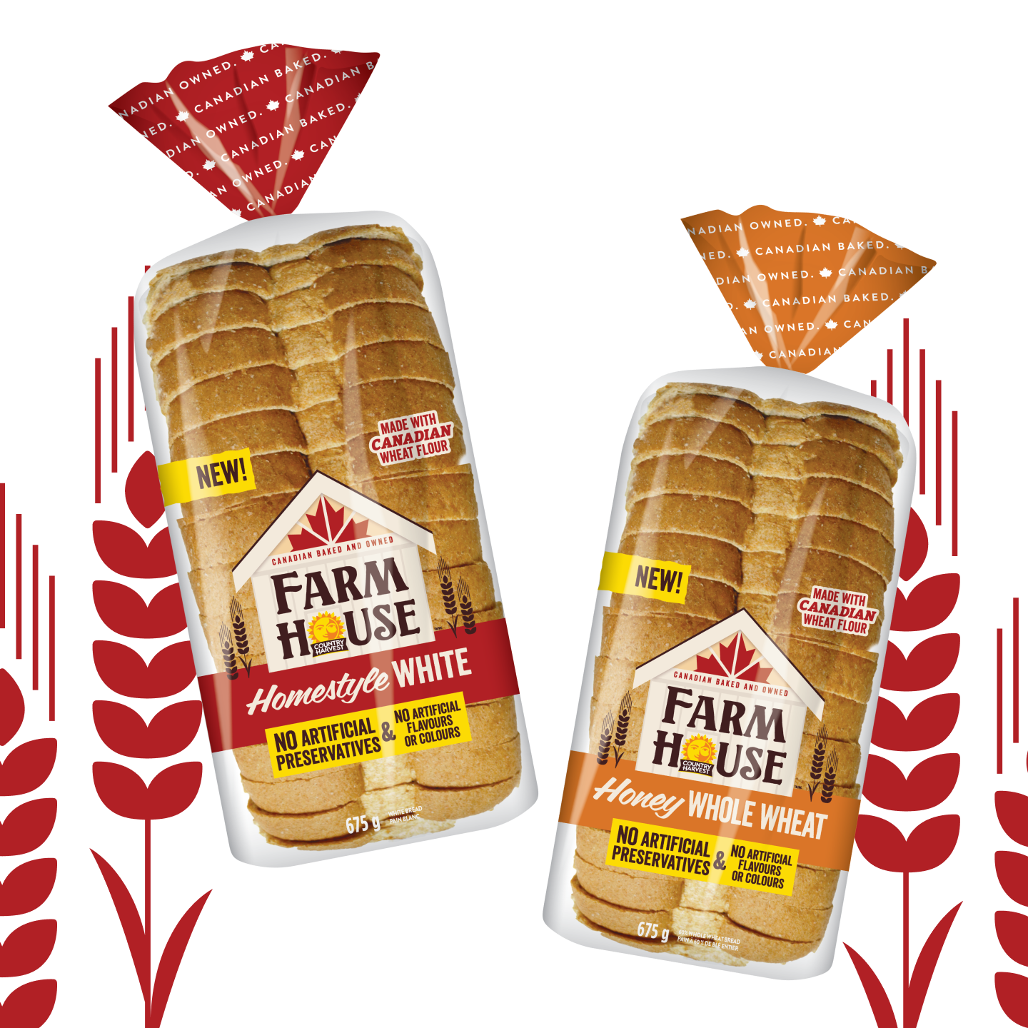 Two packages of Farm House bread with red and white decorative elements on a white background.