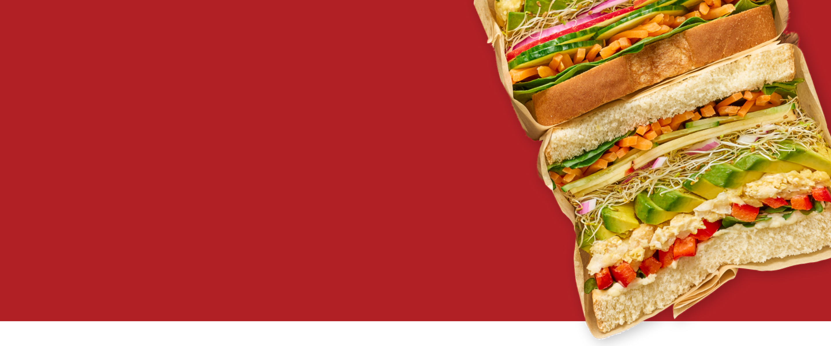 Sandwich with visible layers of ingredients on a red background