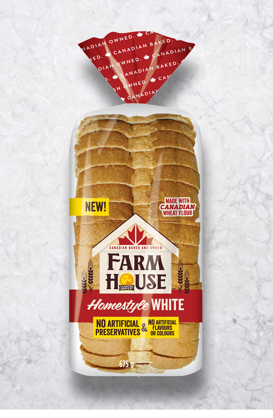 Farm House Homestyle White bread package on a light gray background